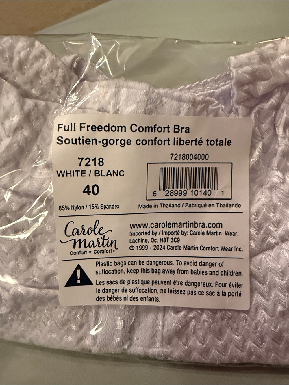 Carole Martin Full Freedom Comfort Bra in White - Size 40